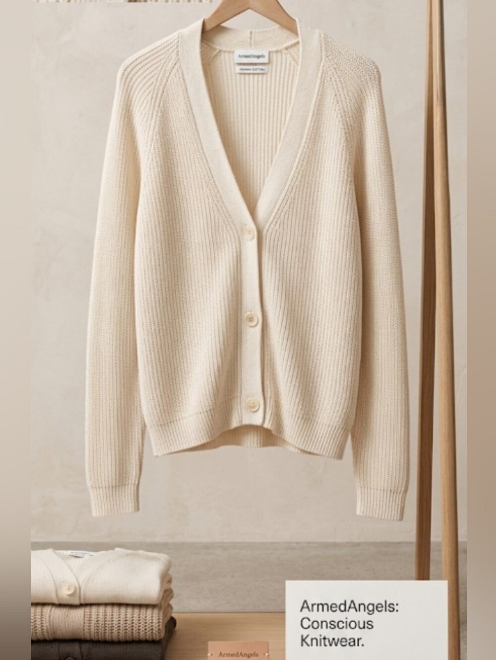 ArmedAngels Organic Cotton Cream V-Neck Button-Front Knit Cardigan (XS) Oversize